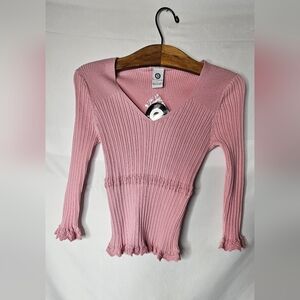 Y2K Ellemenno Pink Ribbed Knit V-Neck Sweater Top Ruffle Trim Cropped Size L
